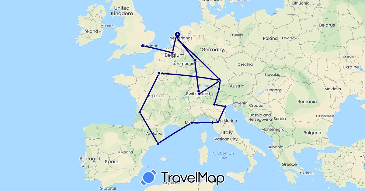 TravelMap itinerary: driving in Austria, Belgium, Switzerland, Germany, Spain, France, United Kingdom, Italy, Monaco, Netherlands (Europe)